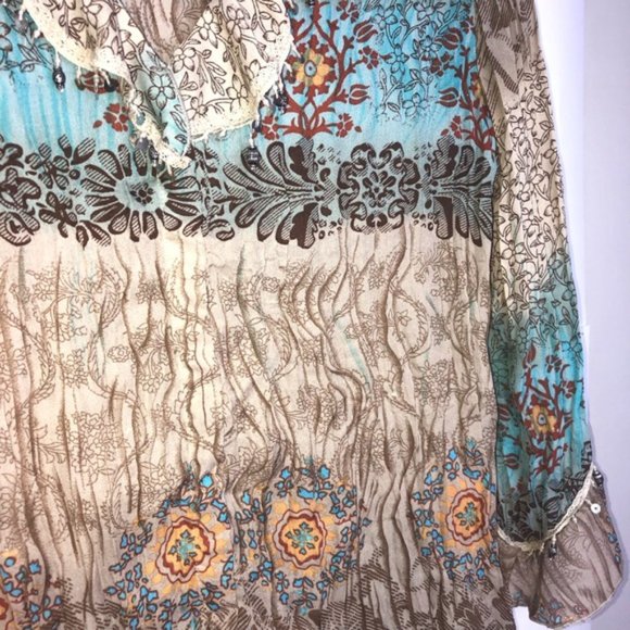 Dressbarn Boho Blouse Top M Button Up Embellished Long Sleeve Flare Cuff Multi - Picture 8 of 11